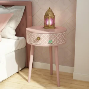 Bone Inlay Pink Round Bedside Table with One Drawer