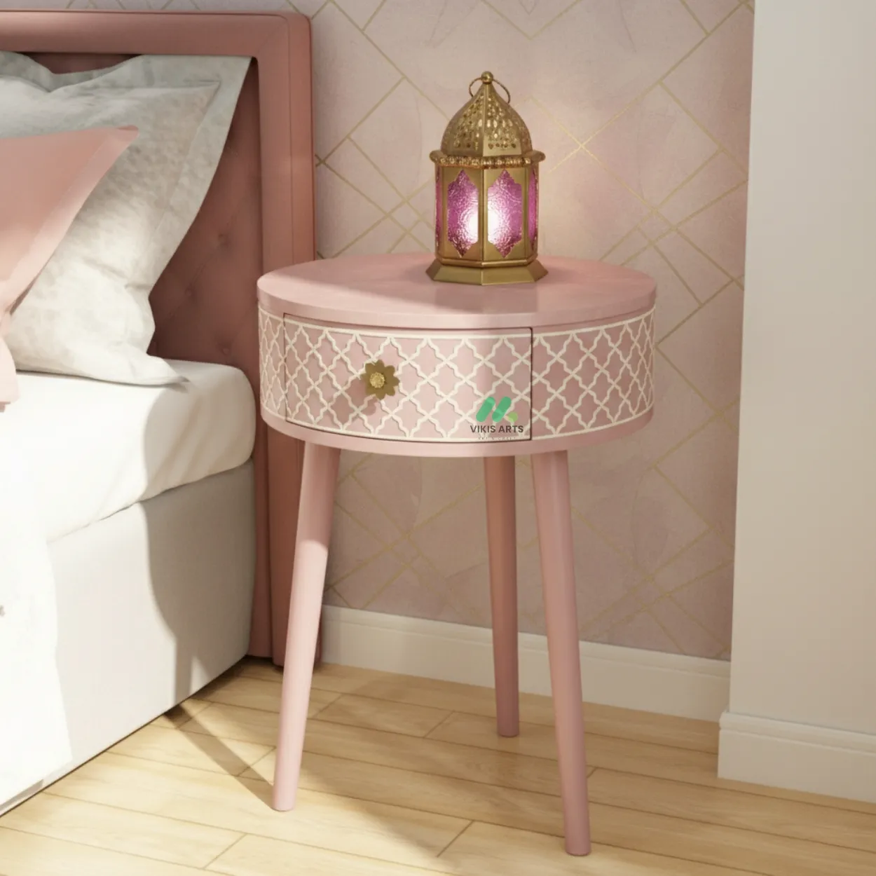 Bone Inlay Pink Round Bedside Table with One Drawer