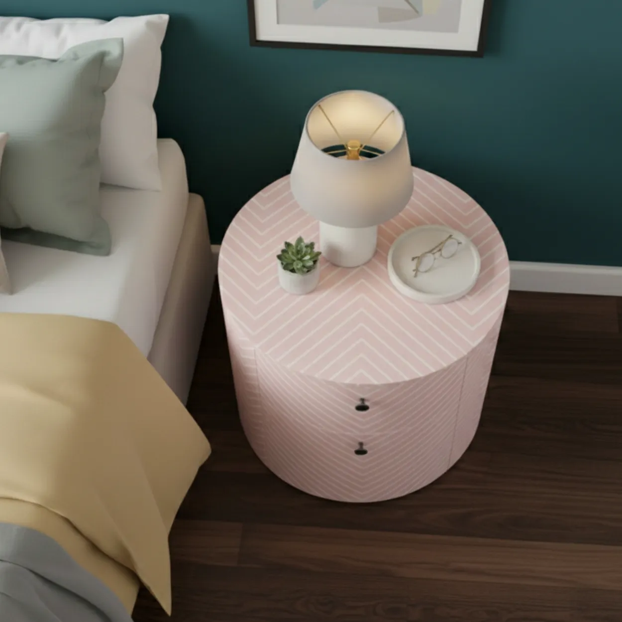 Bone Inlay Pink Round Bedside Table with Two Drawer - Image 3