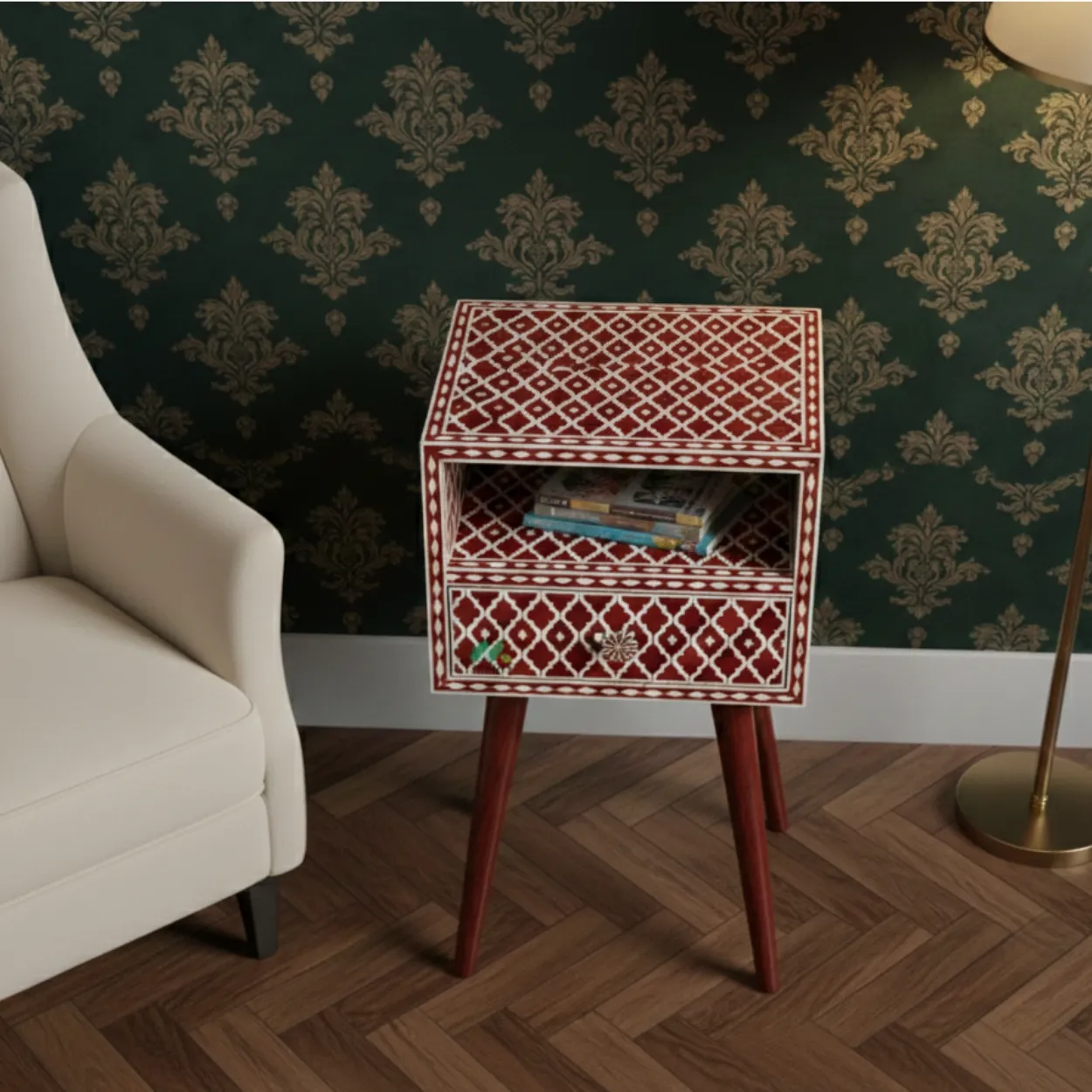 Bone Inlay Red Bedside Table - Image 3