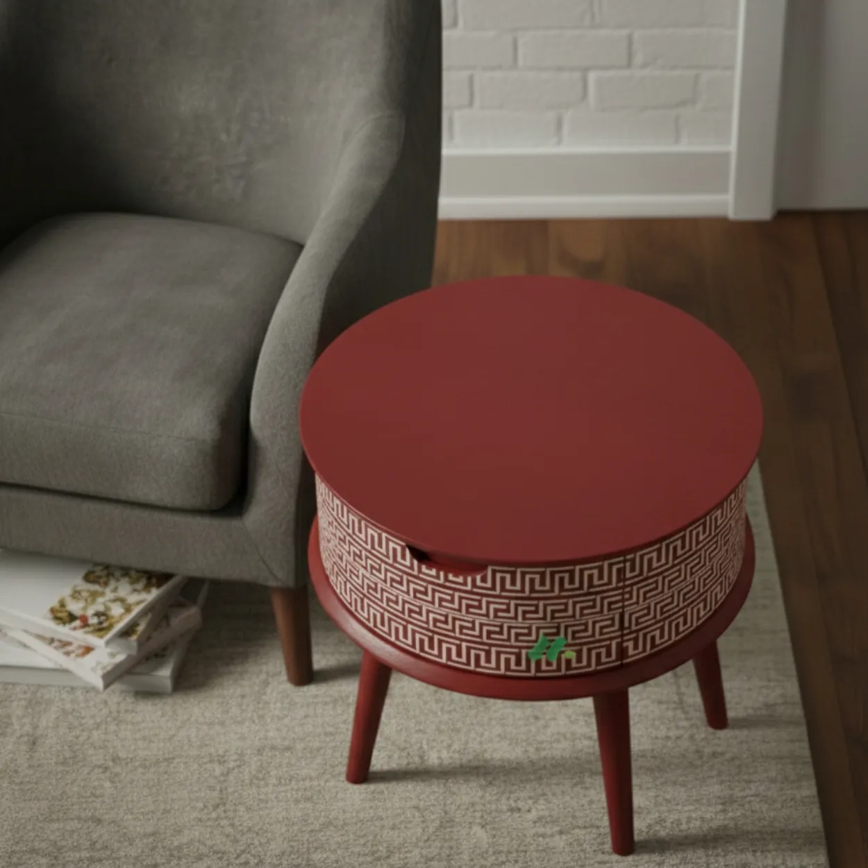 Bone Inlay Red Round Bedside Table - Image 2