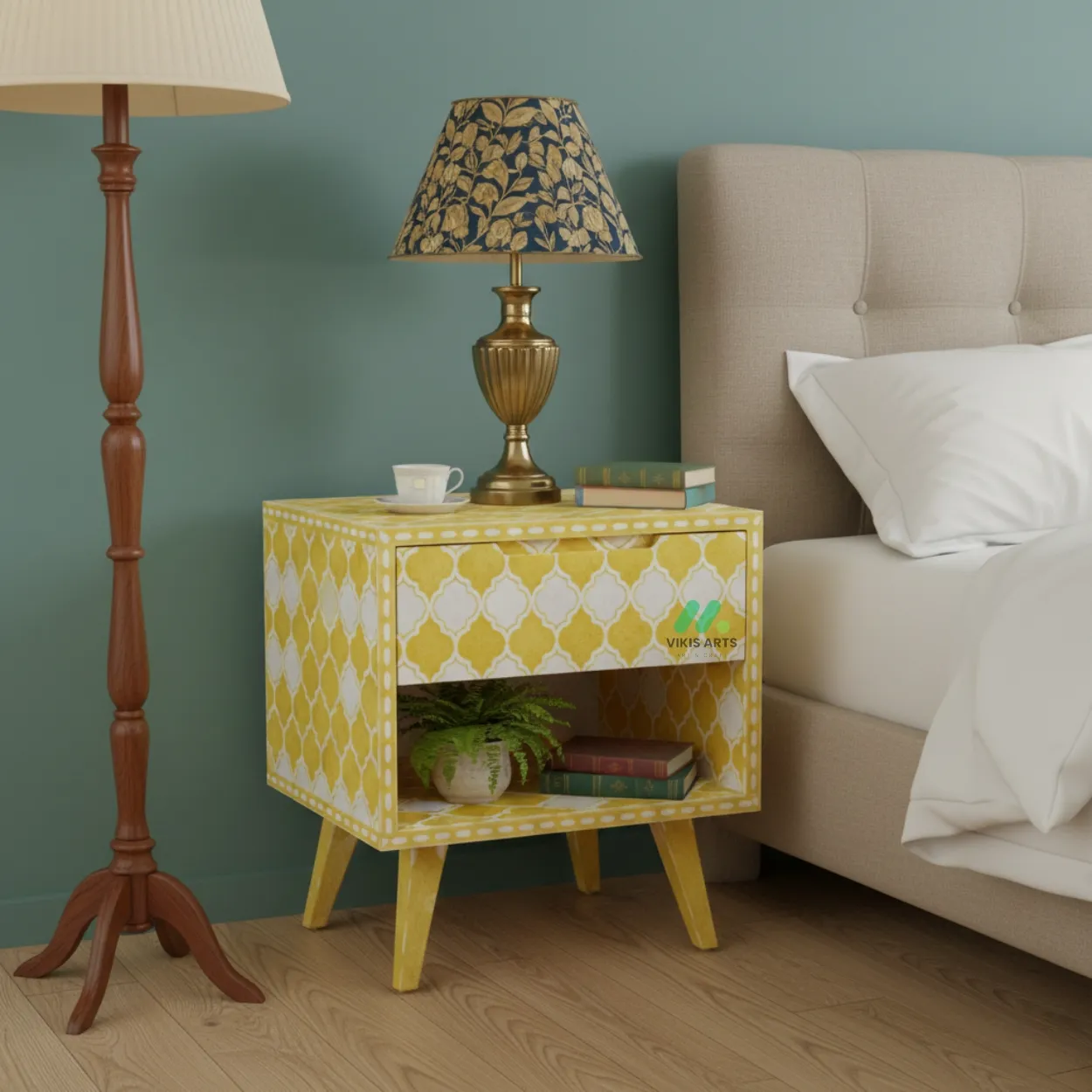 Bone Inlay Yellow Bedside Table
