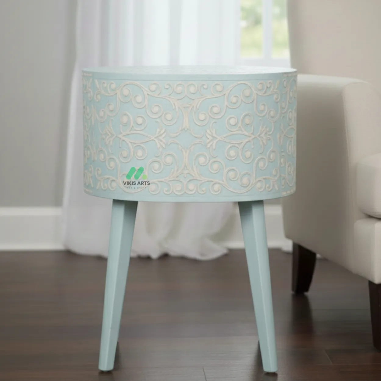 Bone Inlay Light Blue Round Bedside Table - Image 2