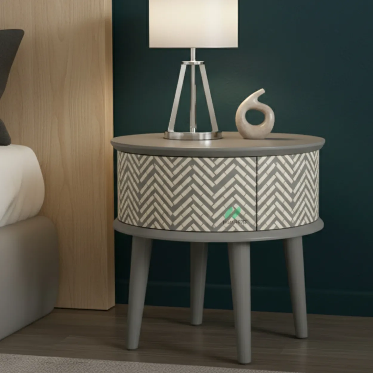 Bone Inlay Grey Round Bedside Table - Image 2