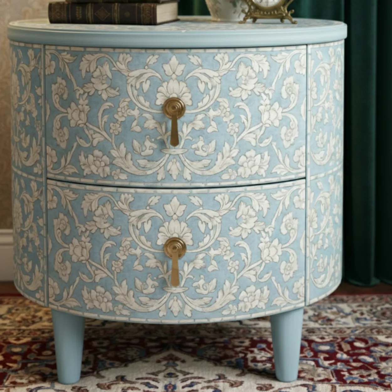 Bone Inlay Light Blue Round Bedside Table with Two Drawer - Image 5