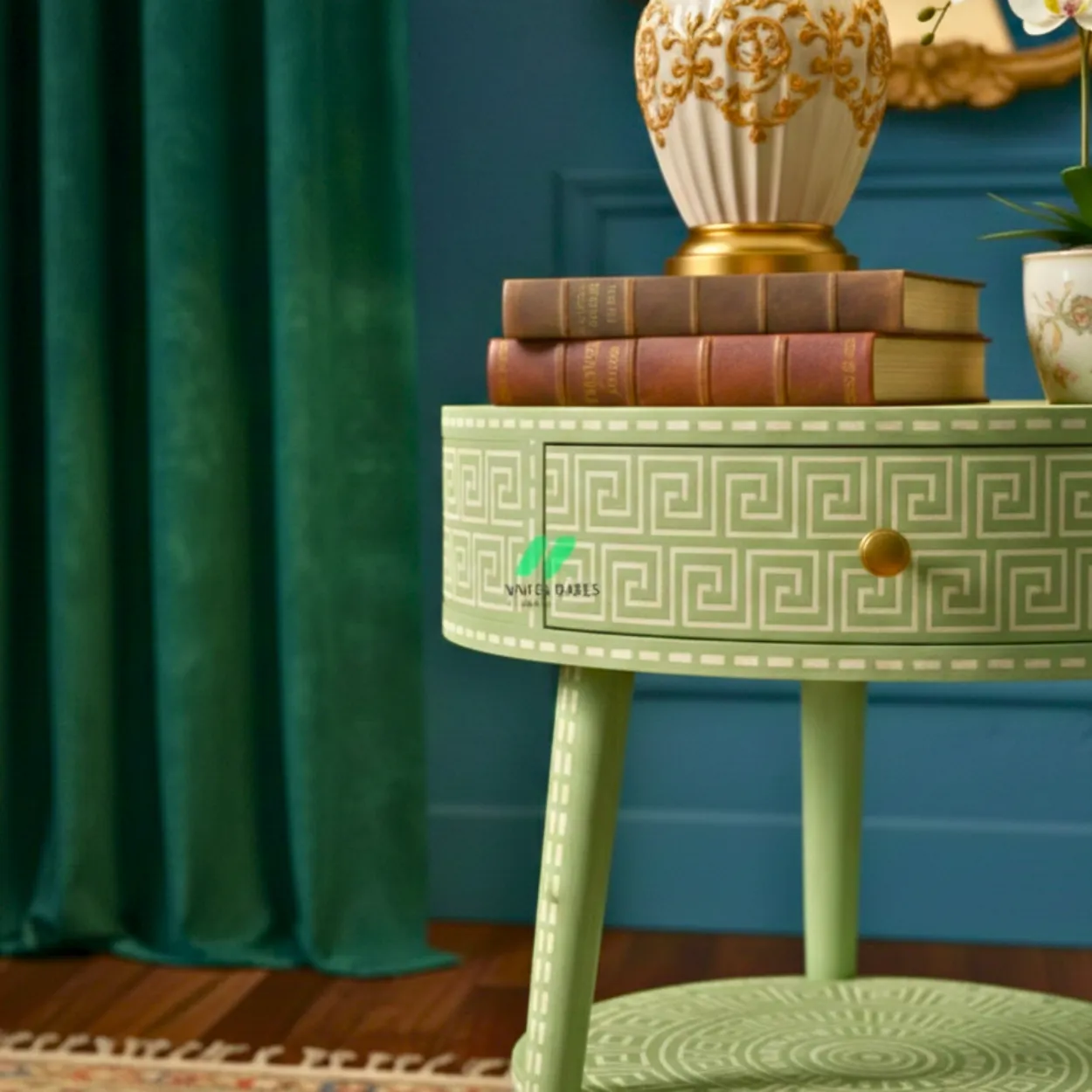 Bone Inlay Light Green Round Bedside Table - Image 4