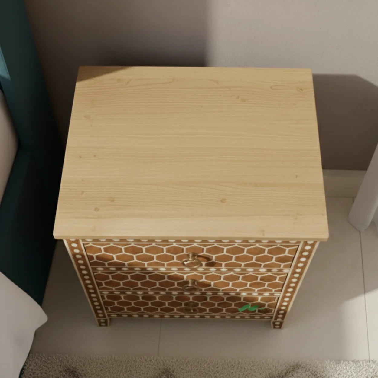 Handcrafted Bone Inlay Wooden Bedside table - Image 3