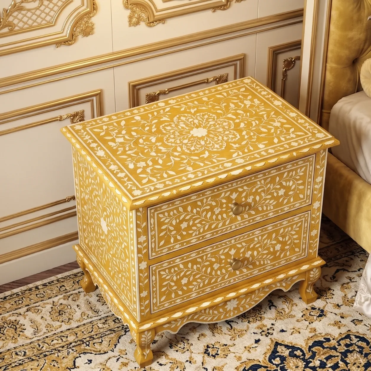 Bone Inlay Yellow Bedside Table - Image 3