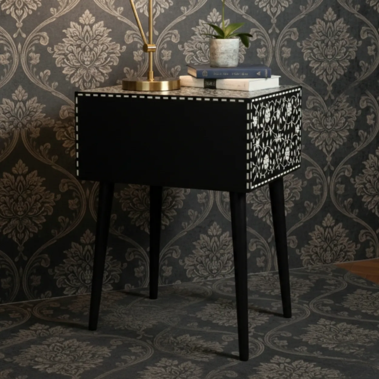 Bone Inlay Black bedside Table - Image 2