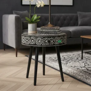 Bone Inlay Black Round Bedside table with One Drawer