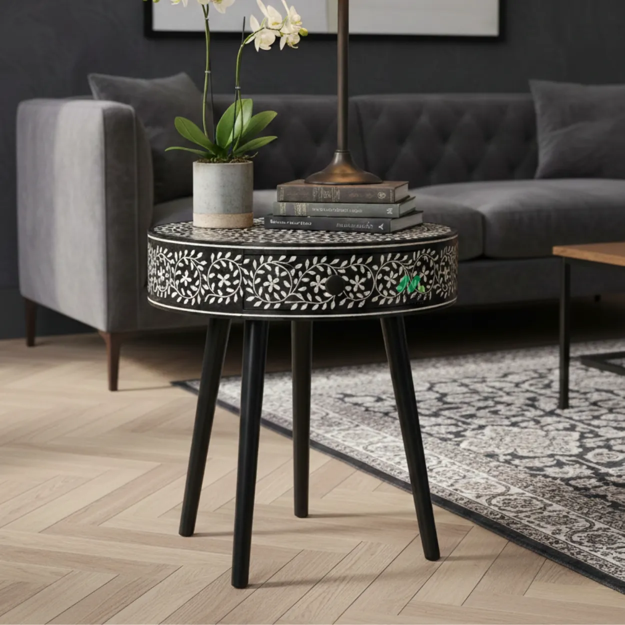 Bone Inlay Black Round Bedside table with One Drawer