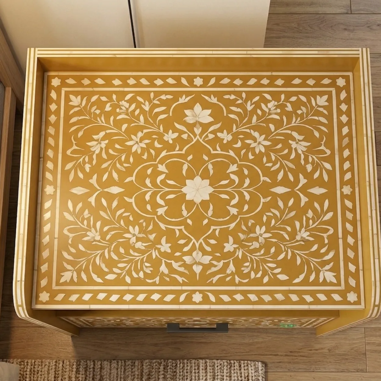 Bone Inlay Yellow Bedside Table with One Drawer - Image 3