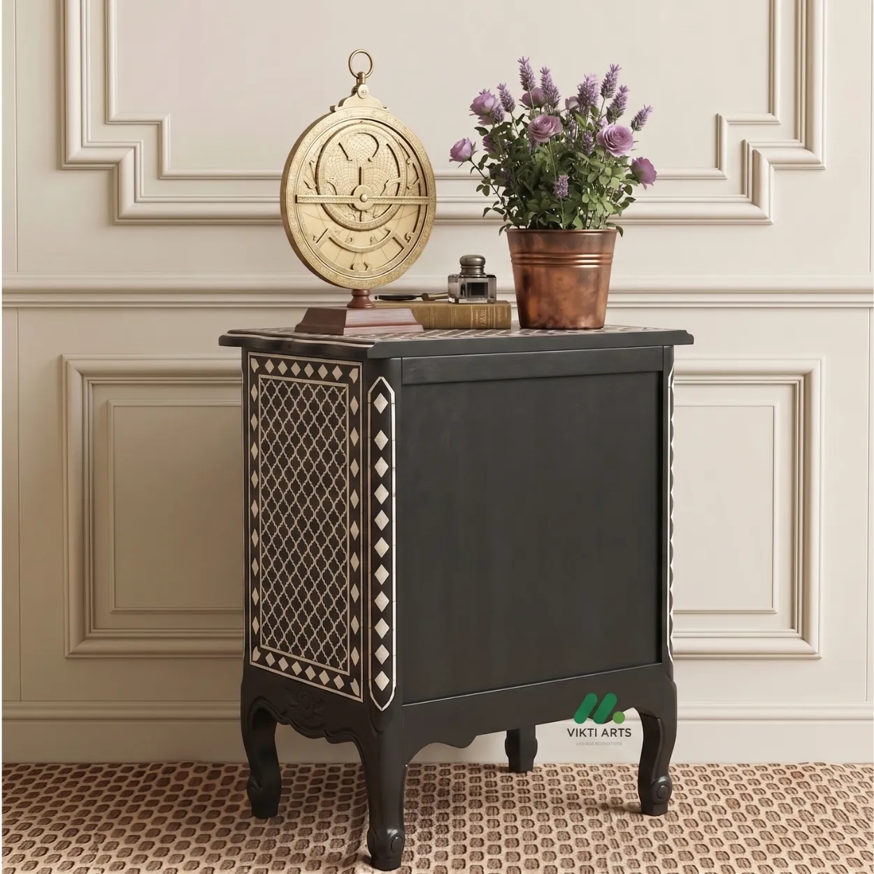 Bone Inlay Black Bedside Cabinet - Image 2