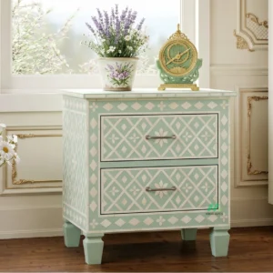 Bone Inlay Light Green Bedside table with Two Drawer