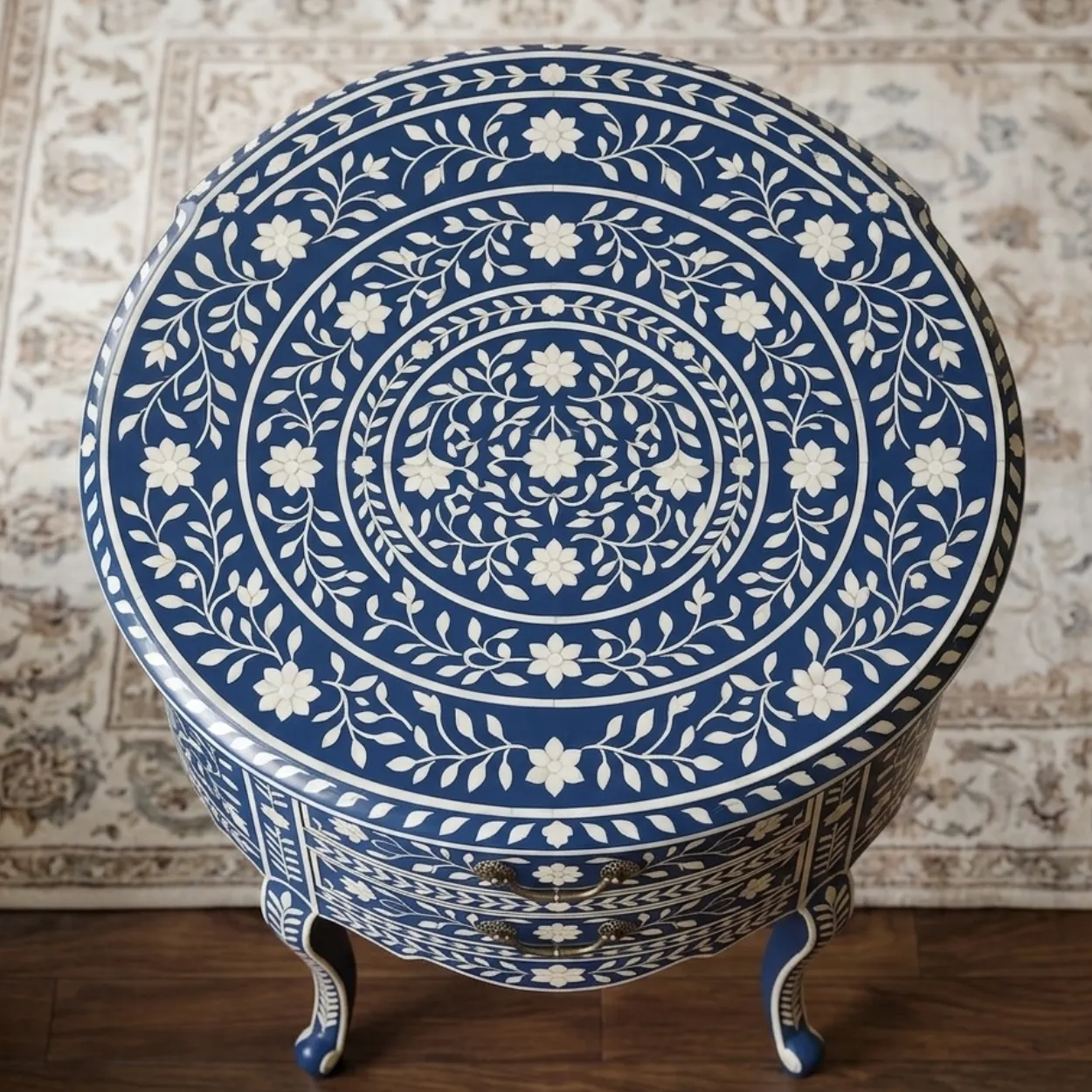 Bone Inlay Navy Blue Round Side Table - Image 3