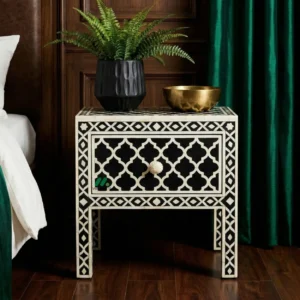 Bone Inlay Black Bedside Table with one Drawer