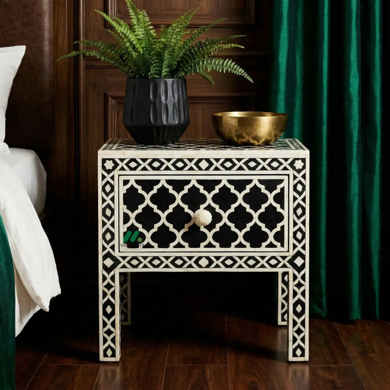 Bone Inlay Black Bedside Table with one Drawer