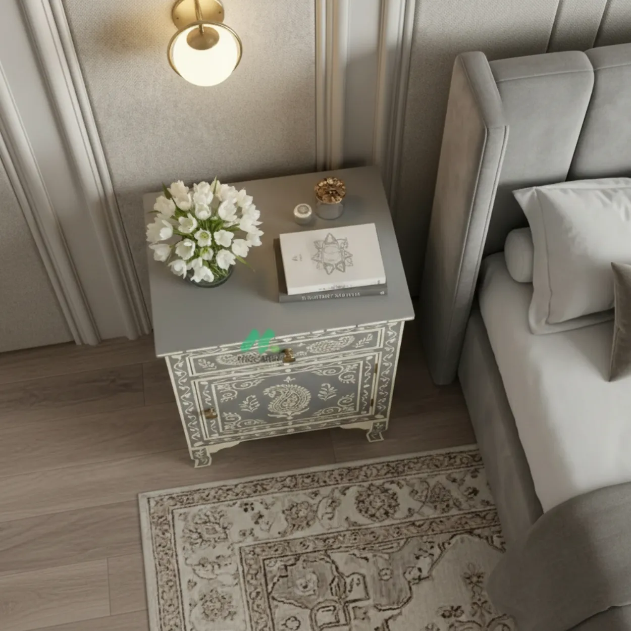 Bone Inlay Grey bedside table - Image 3