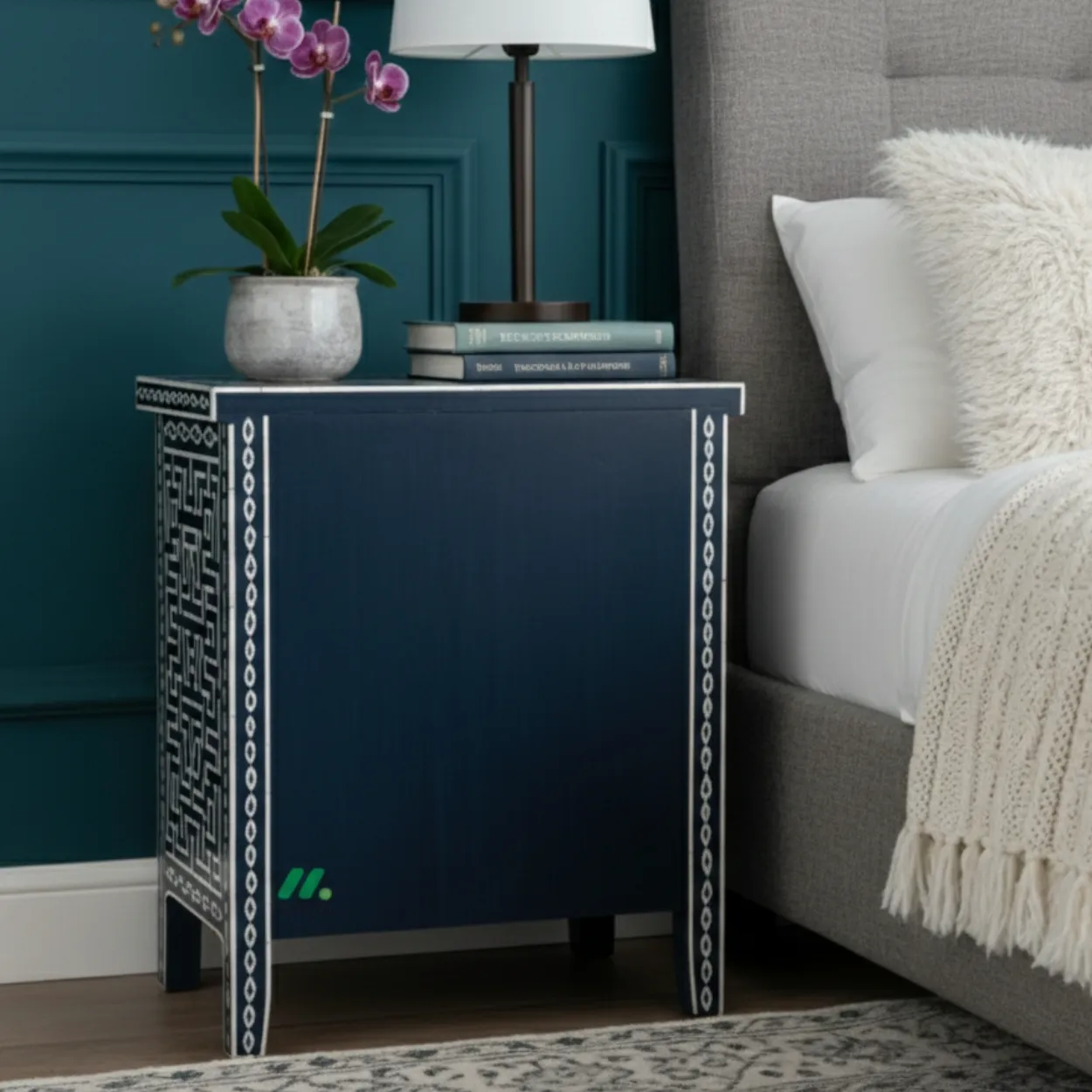 Bone Inlay Navy Blue Bedside Table with three drawer - Image 2