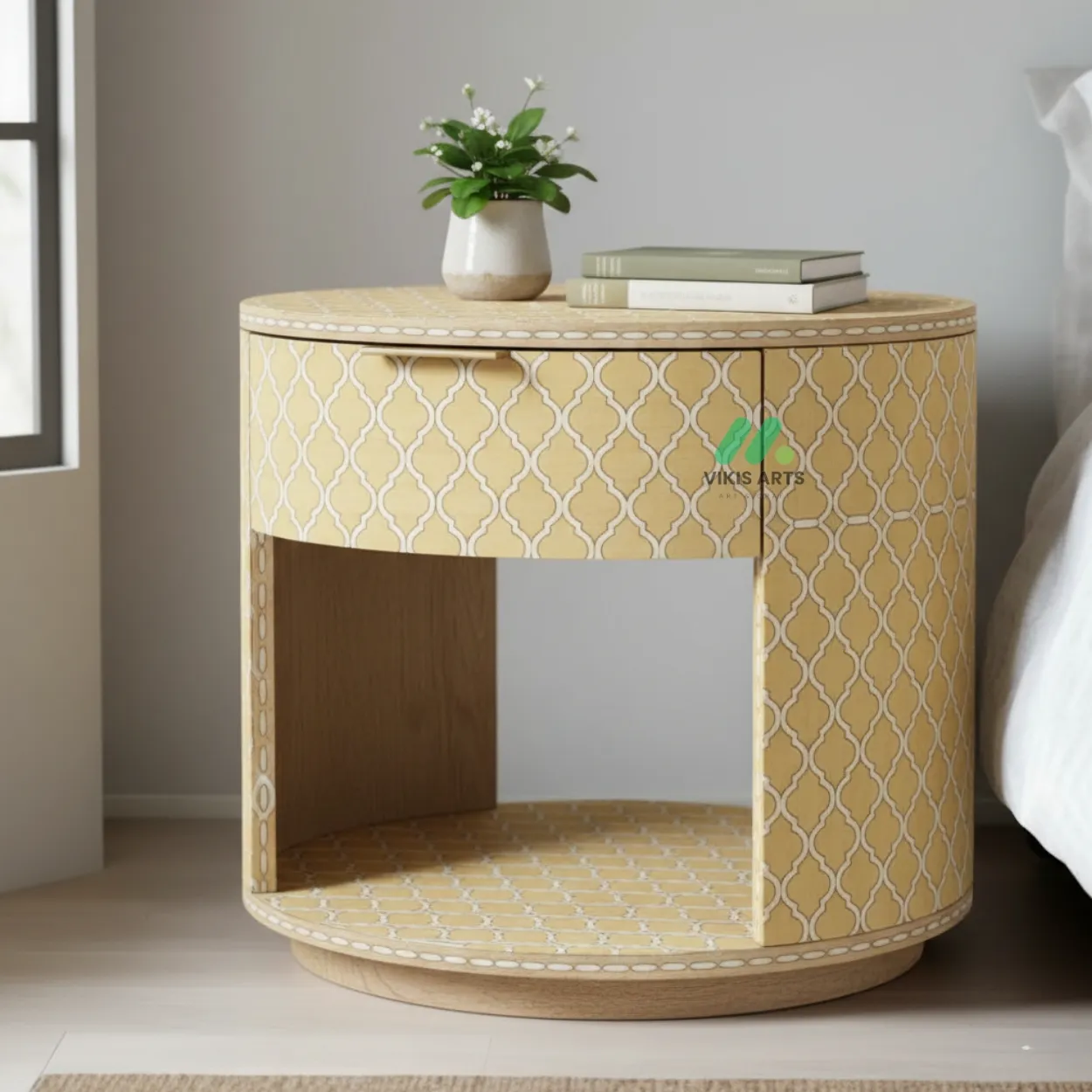 Bone Inlay Yellow Round Bedside table