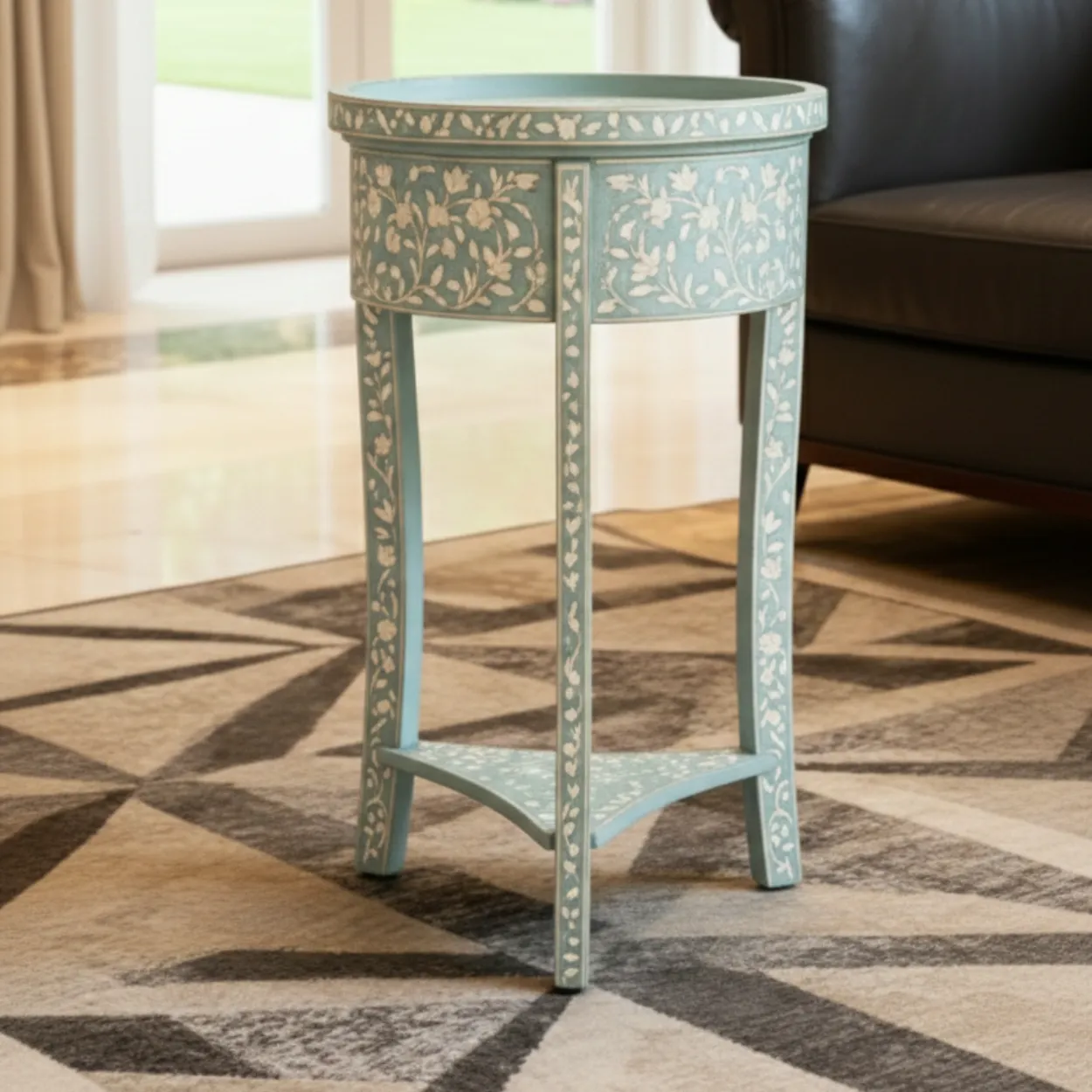 Bone Inlay Blue Round Bedside Table - Image 2