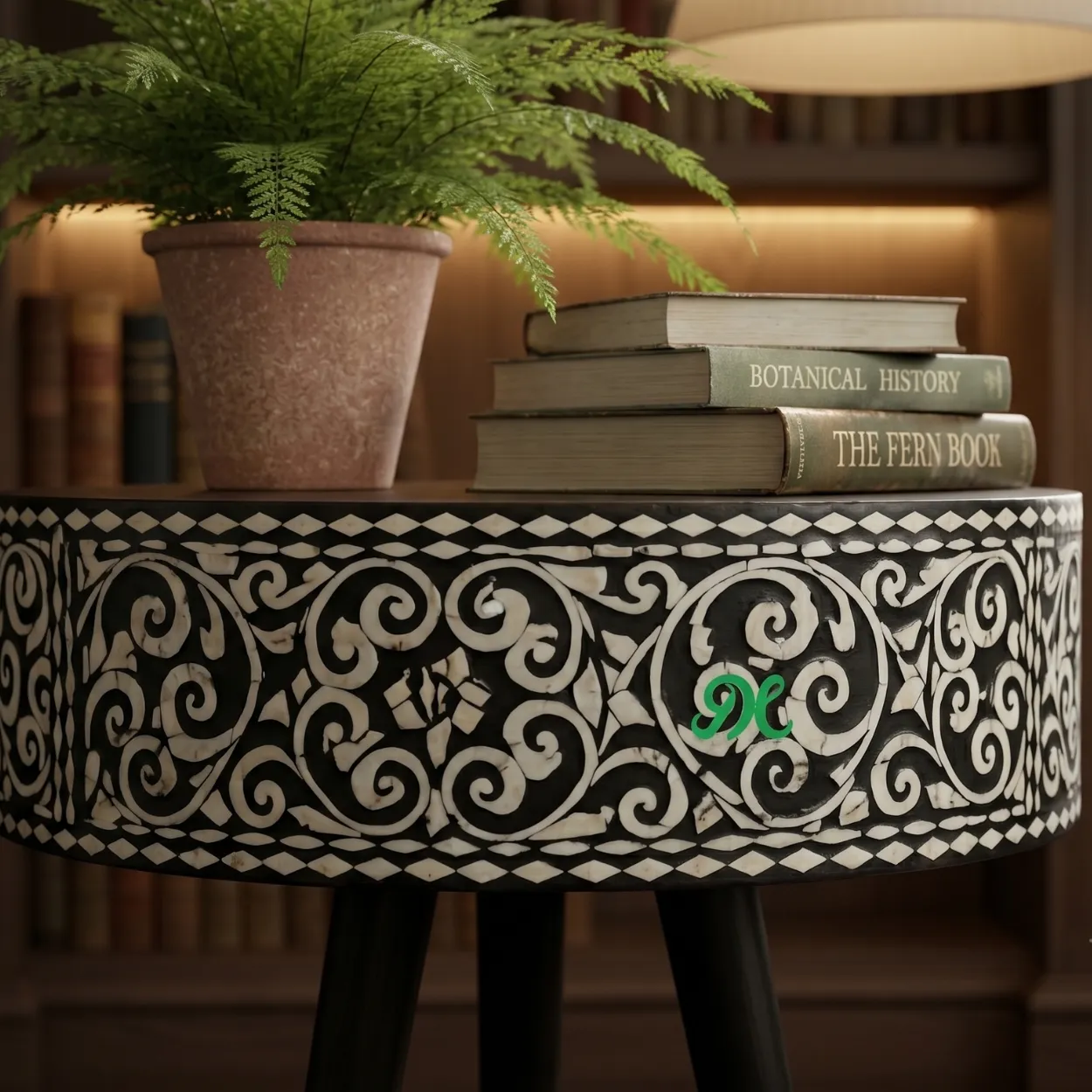 Bone Inlay Black Round Side table with one Drawer - Image 4