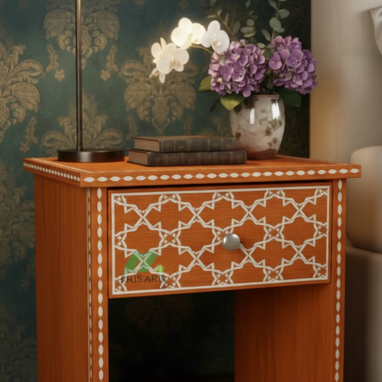 bone inlay Orange Bedside Table - Image 6