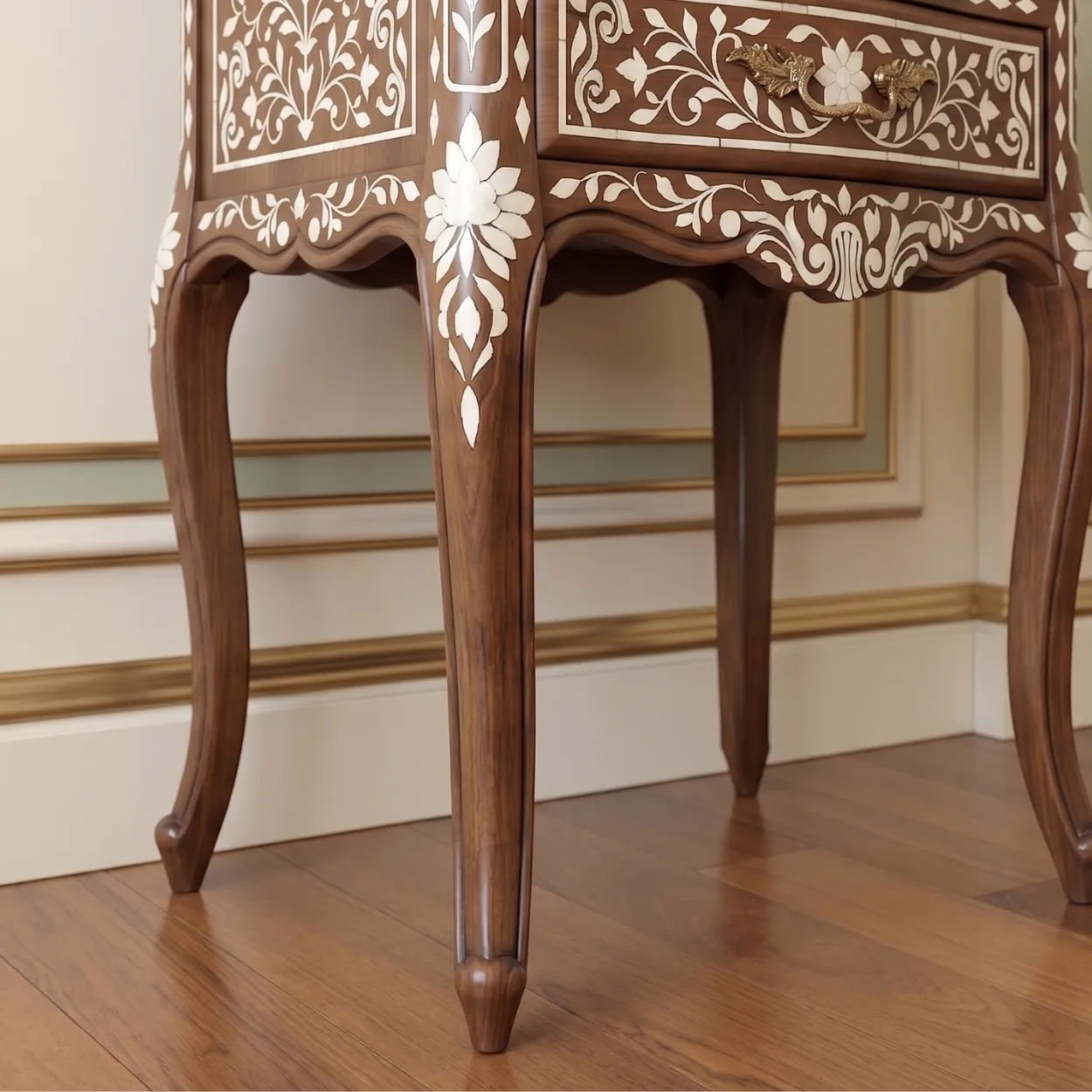 Bone Inlay Wooden Bedside Table with Two Drawer - Image 7