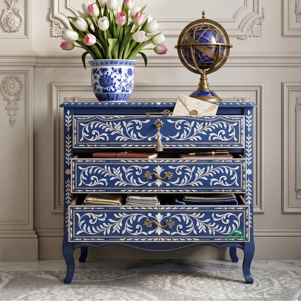 Bone Inlay Navy Blue Bedside Table with Three Drawer - Image 6
