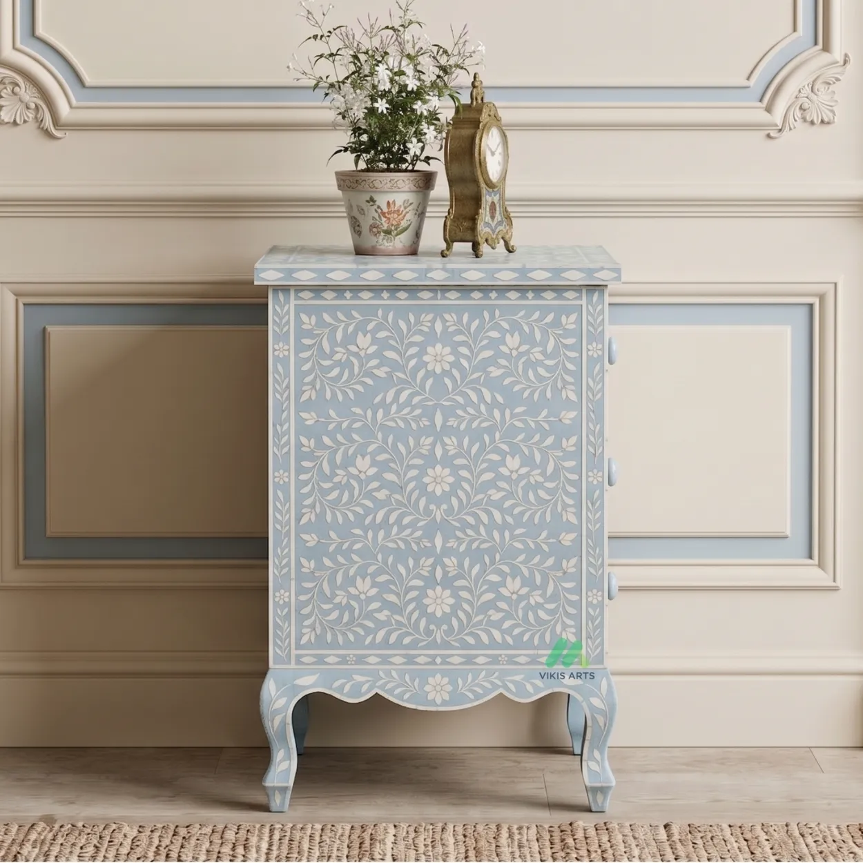Bone Inlay Light Blue Three Drawer Nightstand - Image 4
