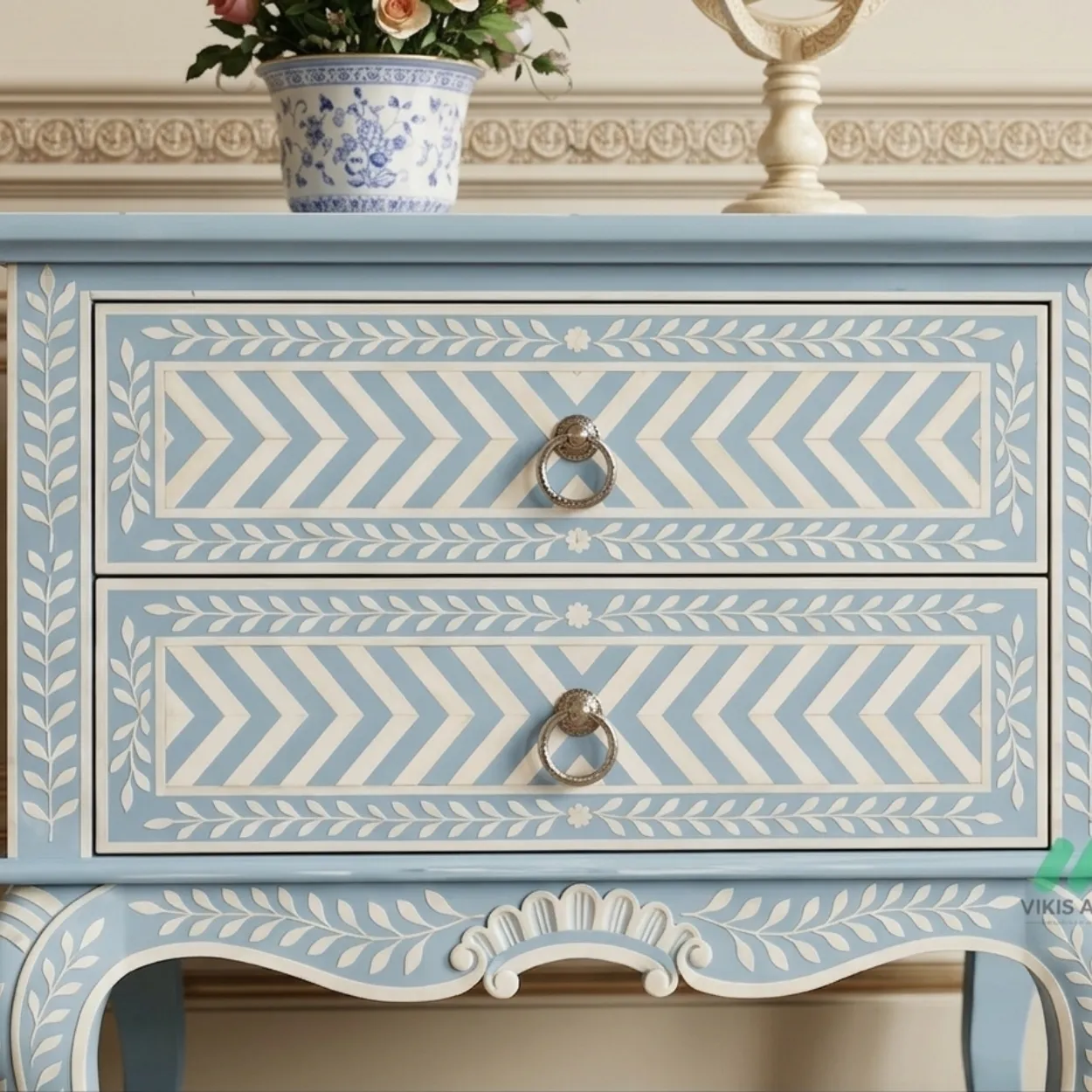 Bone Inlay Light Blue two Drawer Bedside - Image 6
