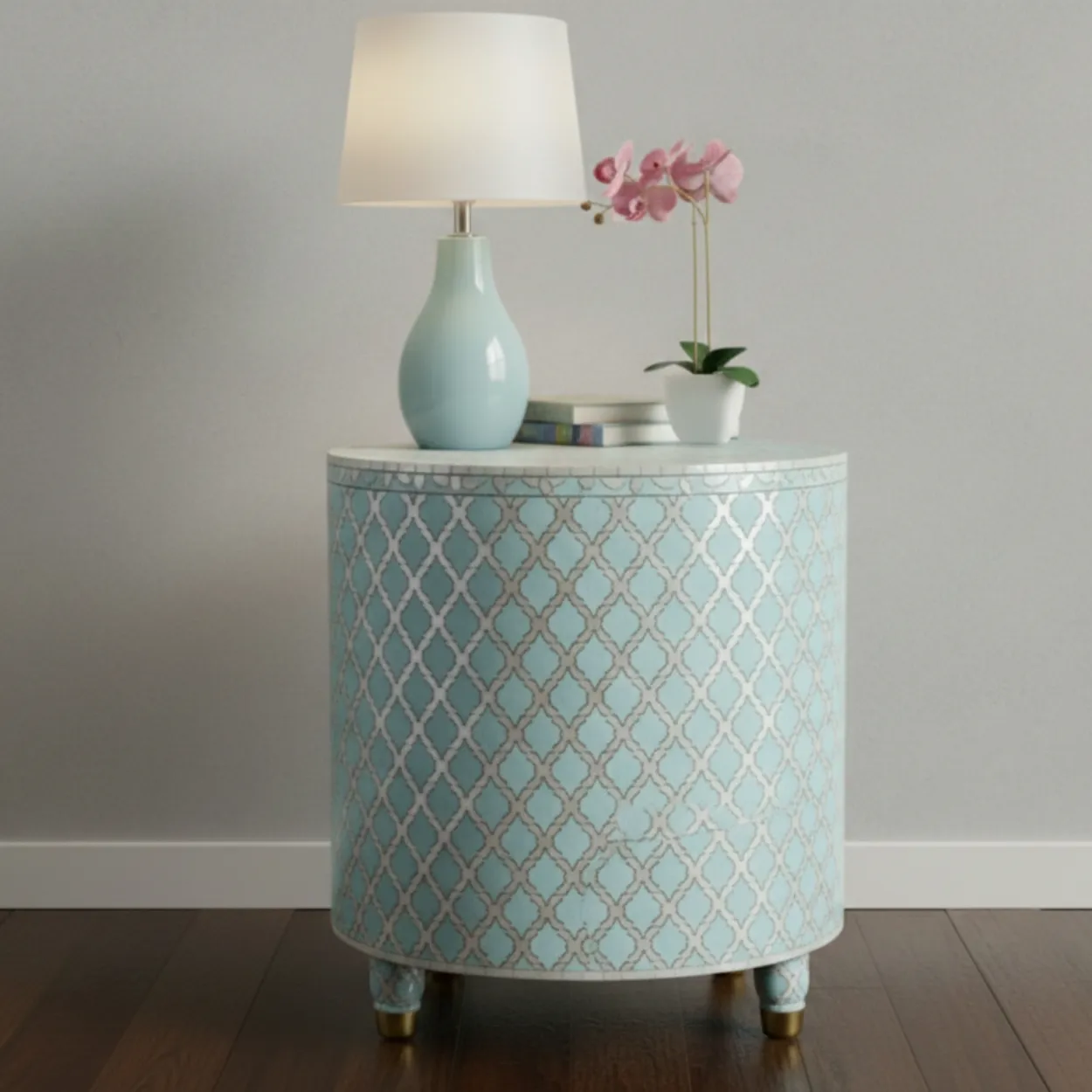 Mother Of Pearl Light Blue Round Bedside Table - Image 2
