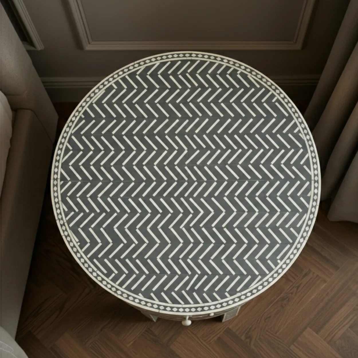 Bone Inlay Grey Round Bedside table - Image 3