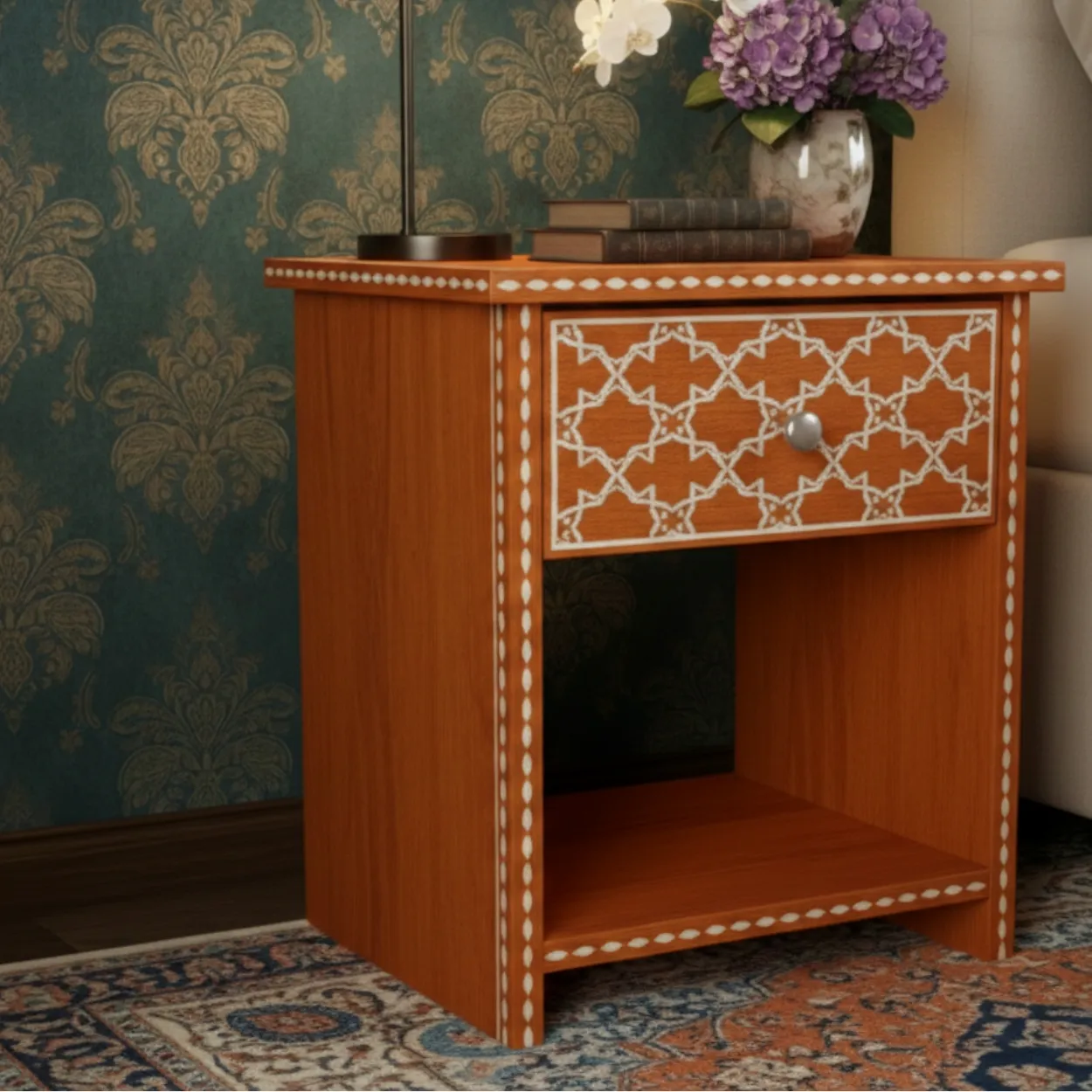 bone inlay Orange Bedside Table - Image 5