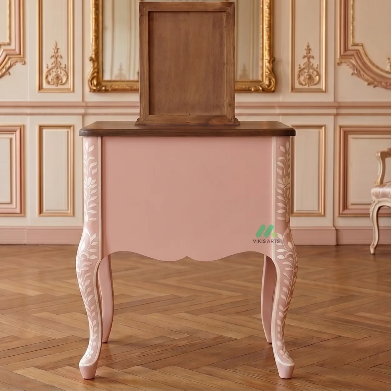 Handmade Bone Inlay Pink Bedside Table with Two Drawer - Image 2
