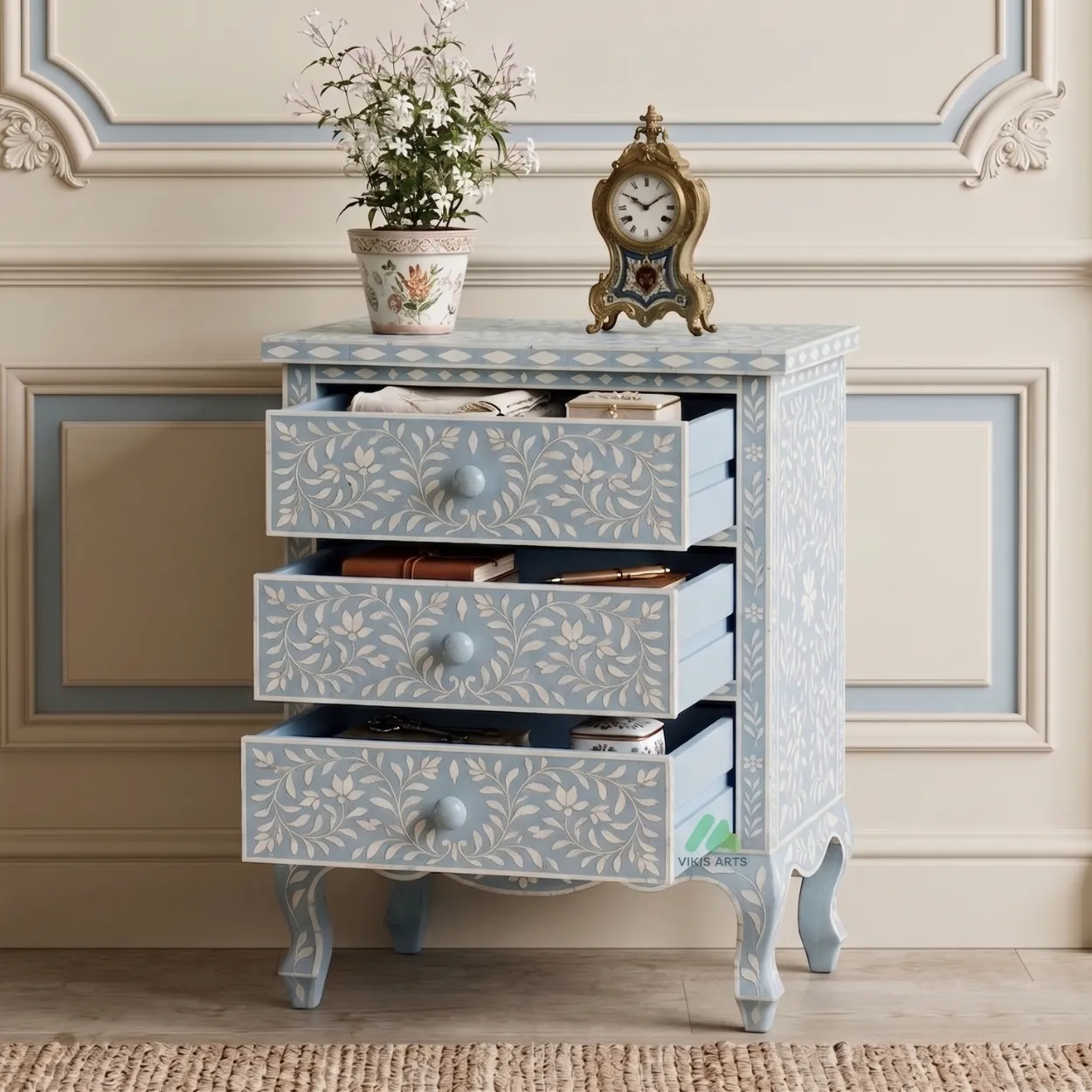 Bone Inlay Light Blue Three Drawer Nightstand - Image 6
