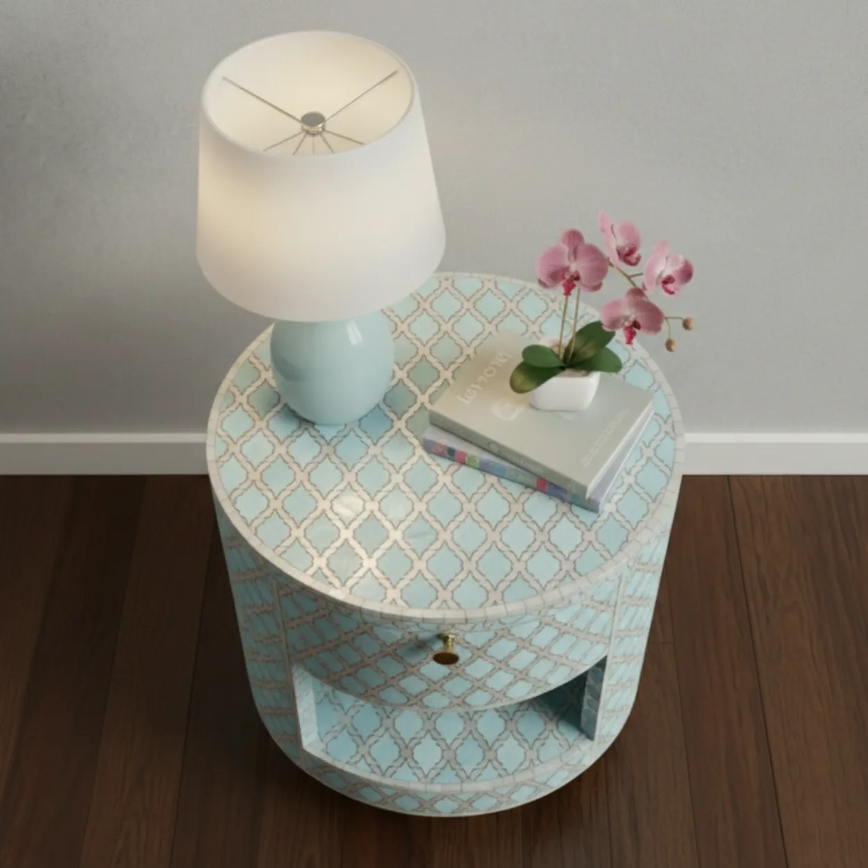 Mother Of Pearl Light Blue Round Bedside Table - Image 3