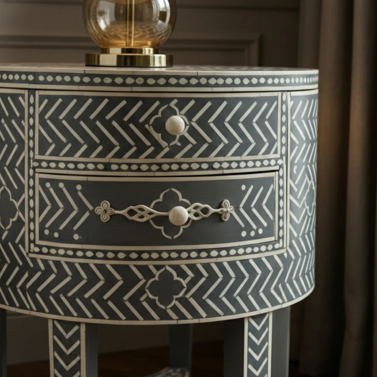 Bone Inlay Grey Round Bedside table - Image 5