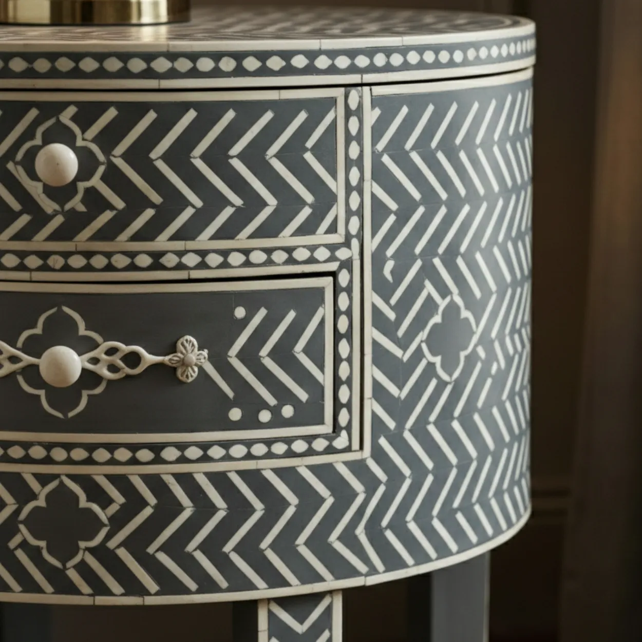 Bone Inlay Grey Round Bedside table - Image 4