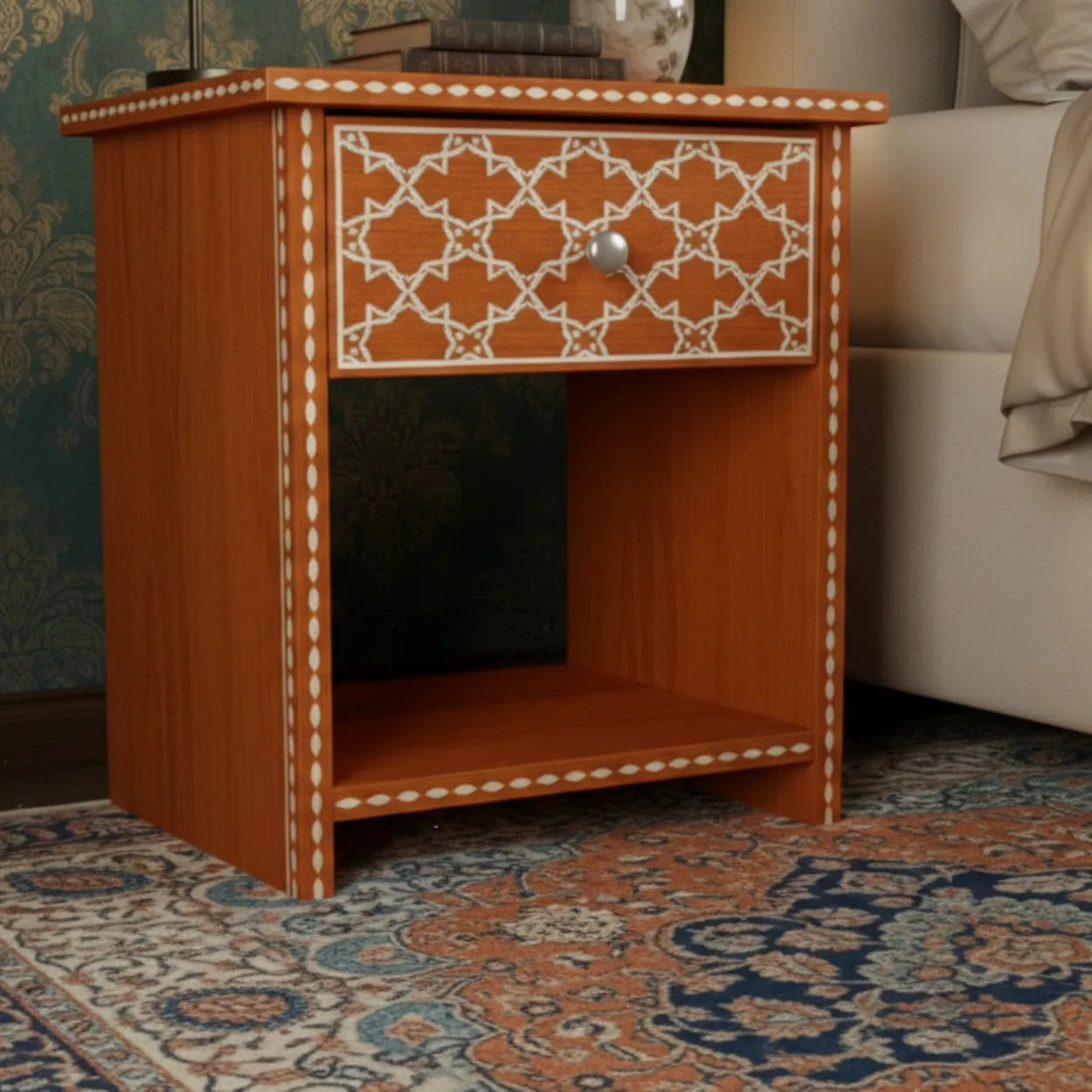 bone inlay Orange Bedside Table - Image 4