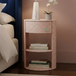 Bone Inlay Pink Round Bedside Table