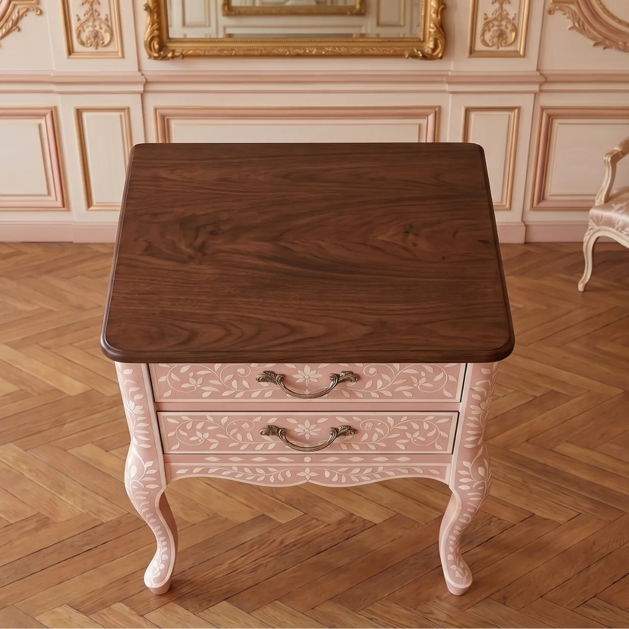 Handmade Bone Inlay Pink Bedside Table with Two Drawer - Image 3