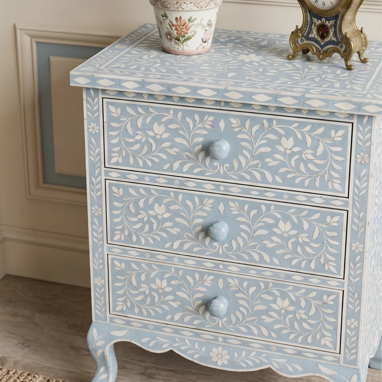 Bone Inlay Light Blue Three Drawer Nightstand - Image 5