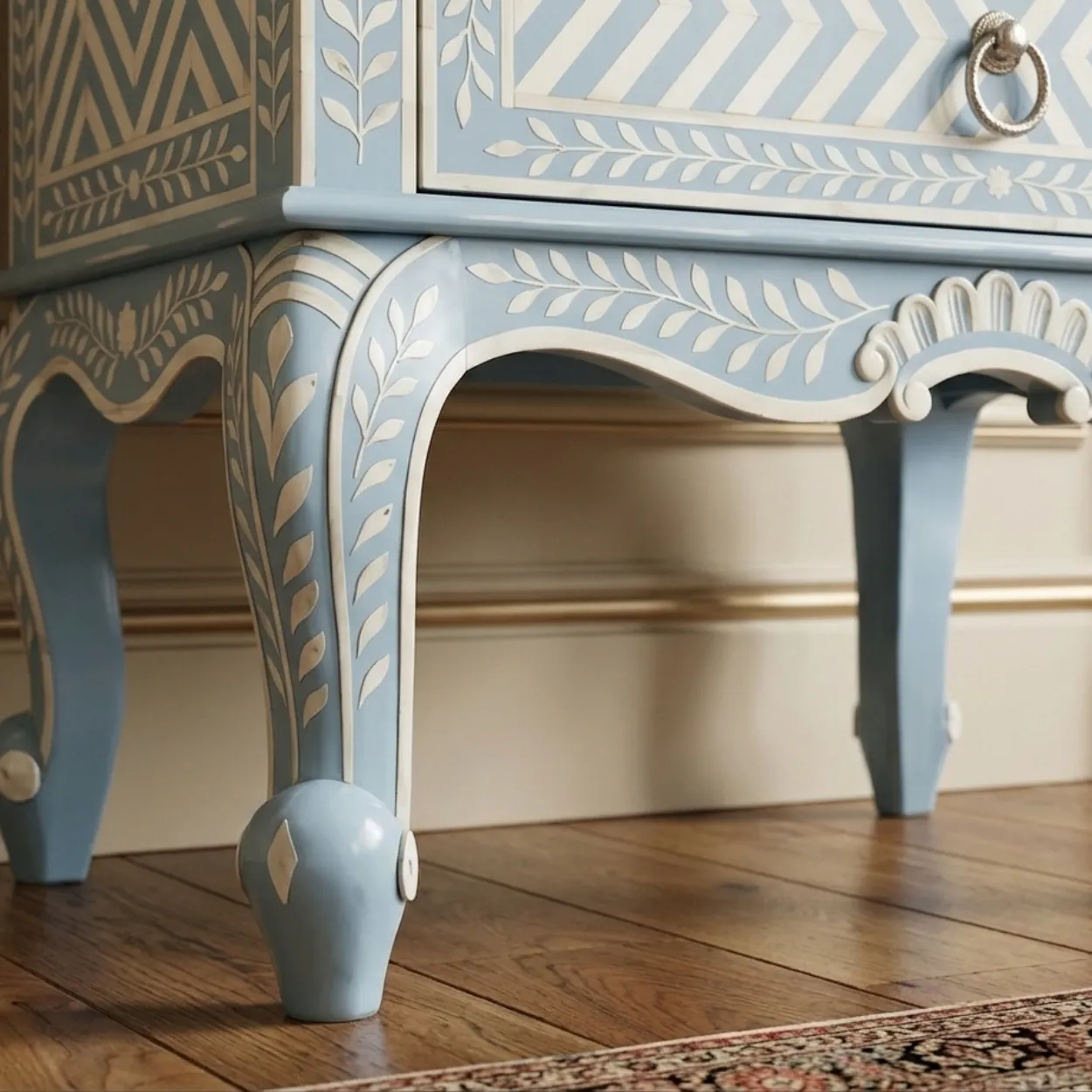 Bone Inlay Light Blue two Drawer Bedside - Image 7