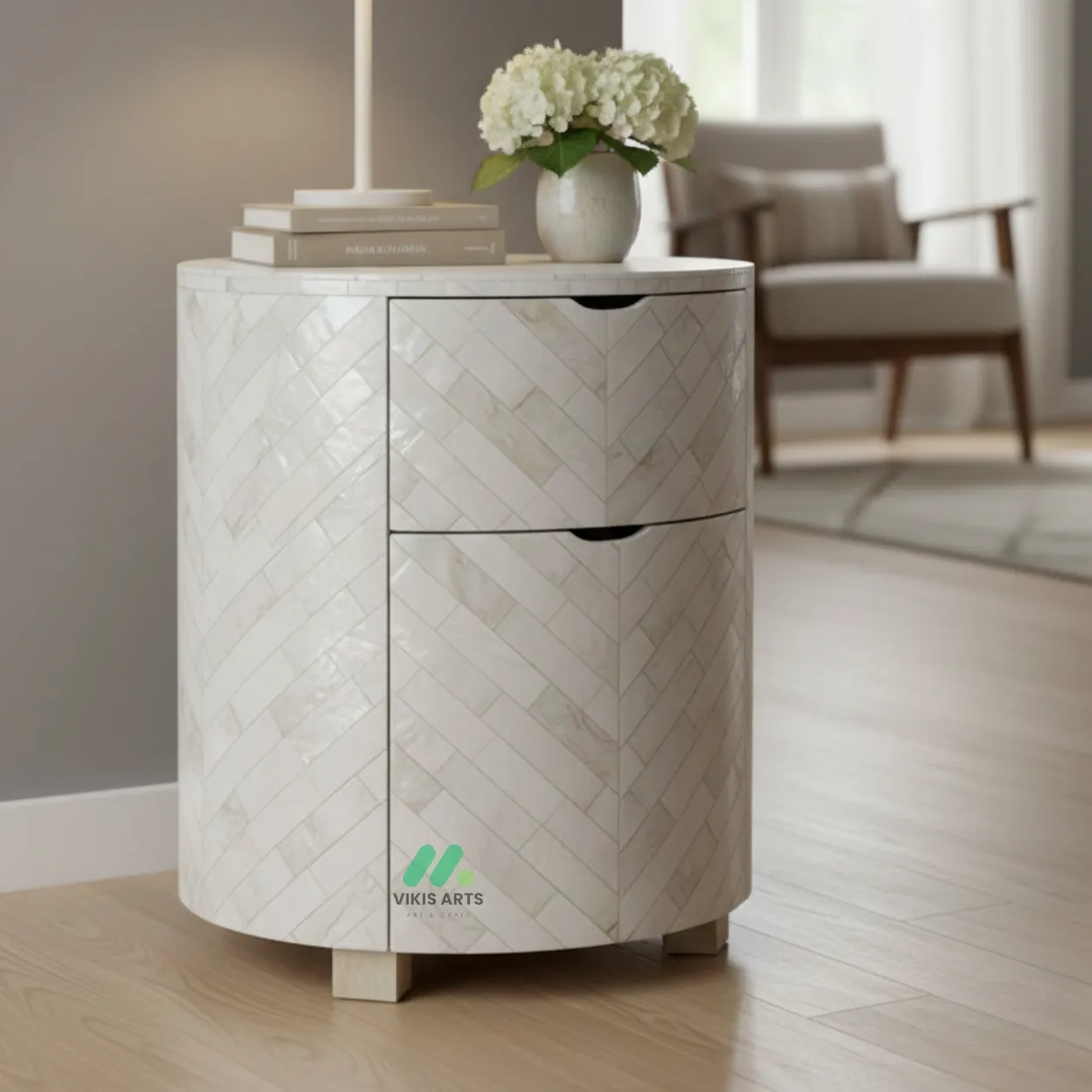 Mother Of Pearl Round Bedside Table