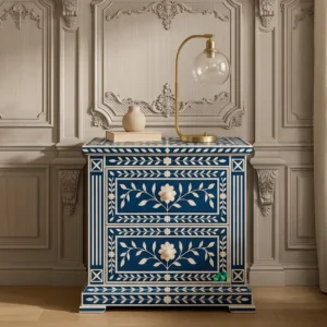 Bone Inlay Blue Bedside Table with Two Drawer