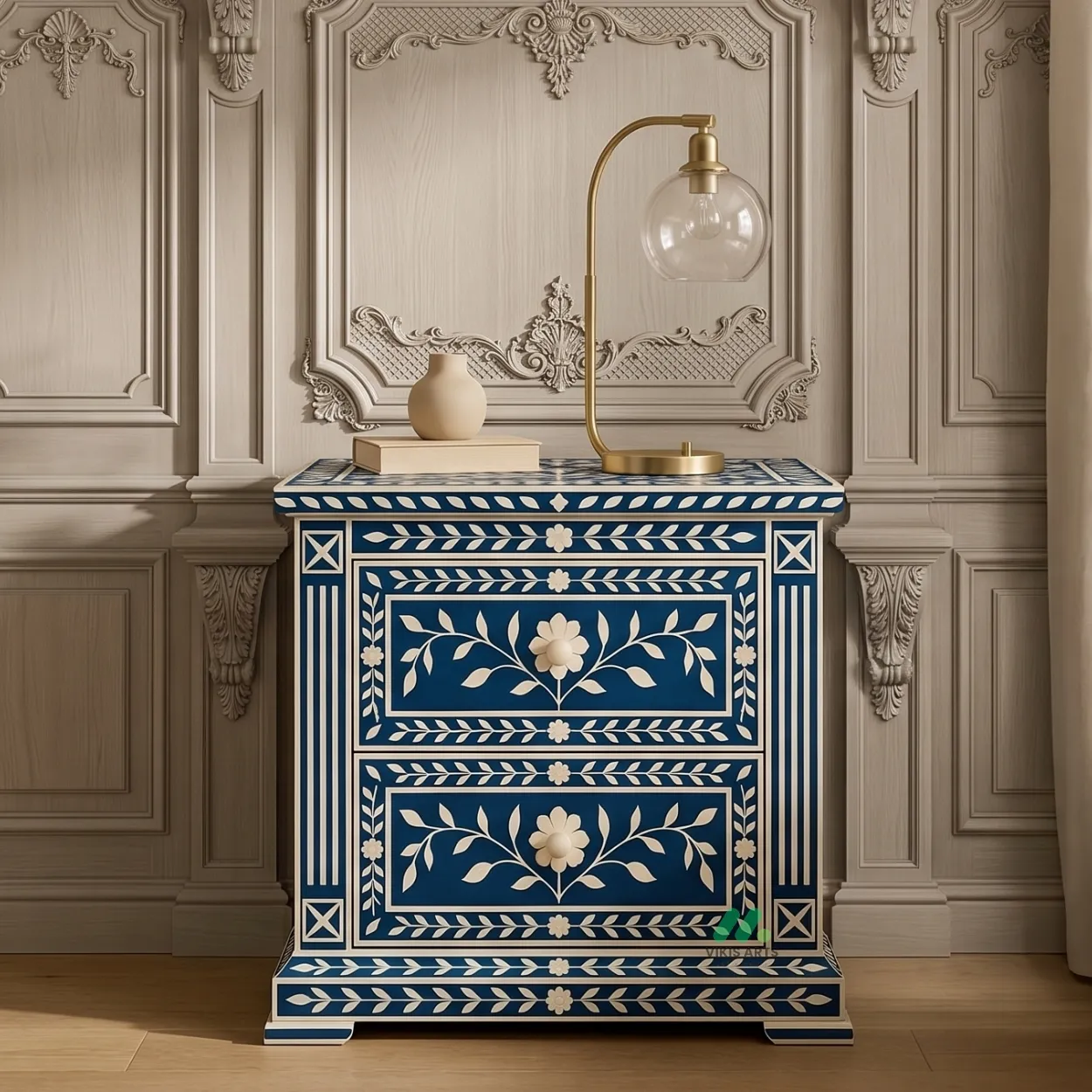 Bone Inlay Blue Bedside Table with Two Drawer