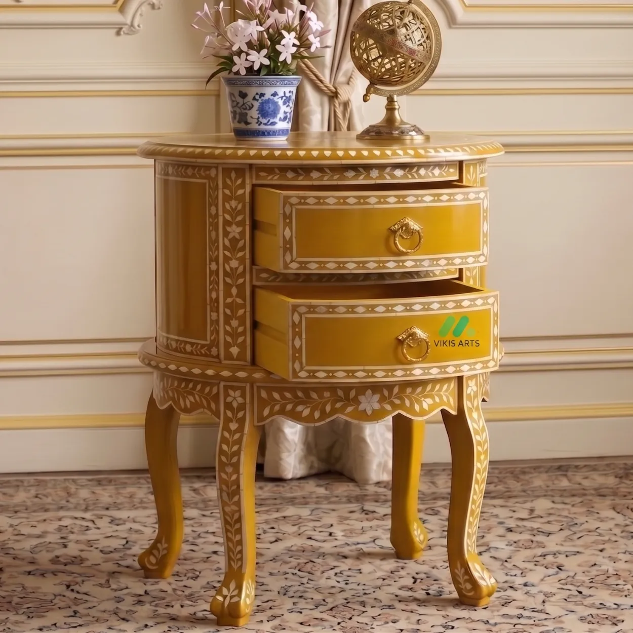 Bone Inlay Yellow Sofa Side Table - Image 5