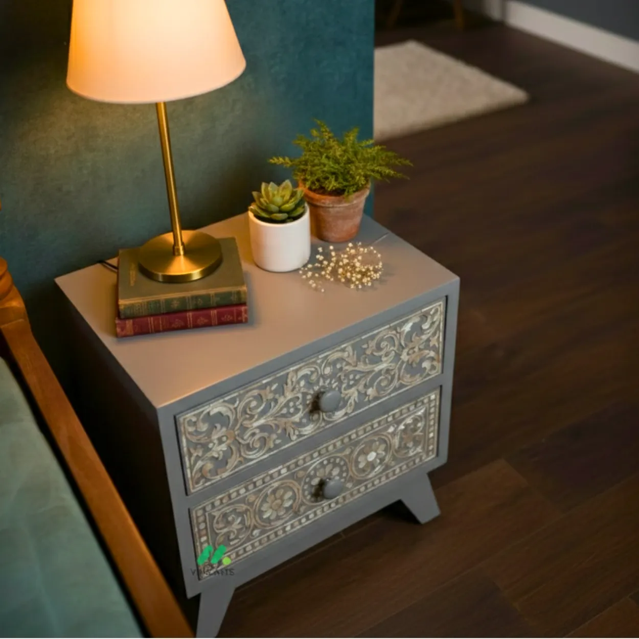 Mother Of Pearl Grey Bedside Table - Image 3