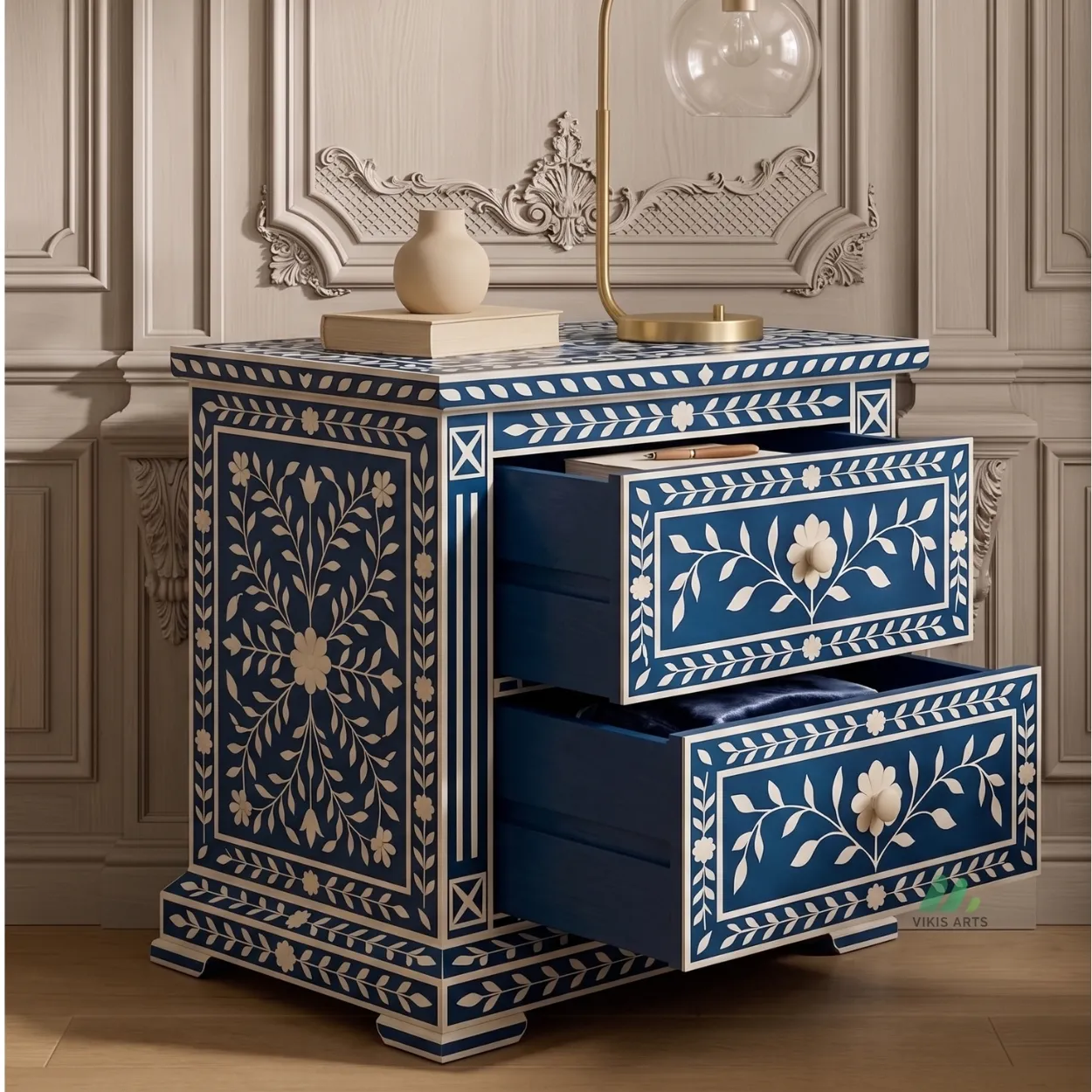 Bone Inlay Blue Bedside Table with Two Drawer - Image 7